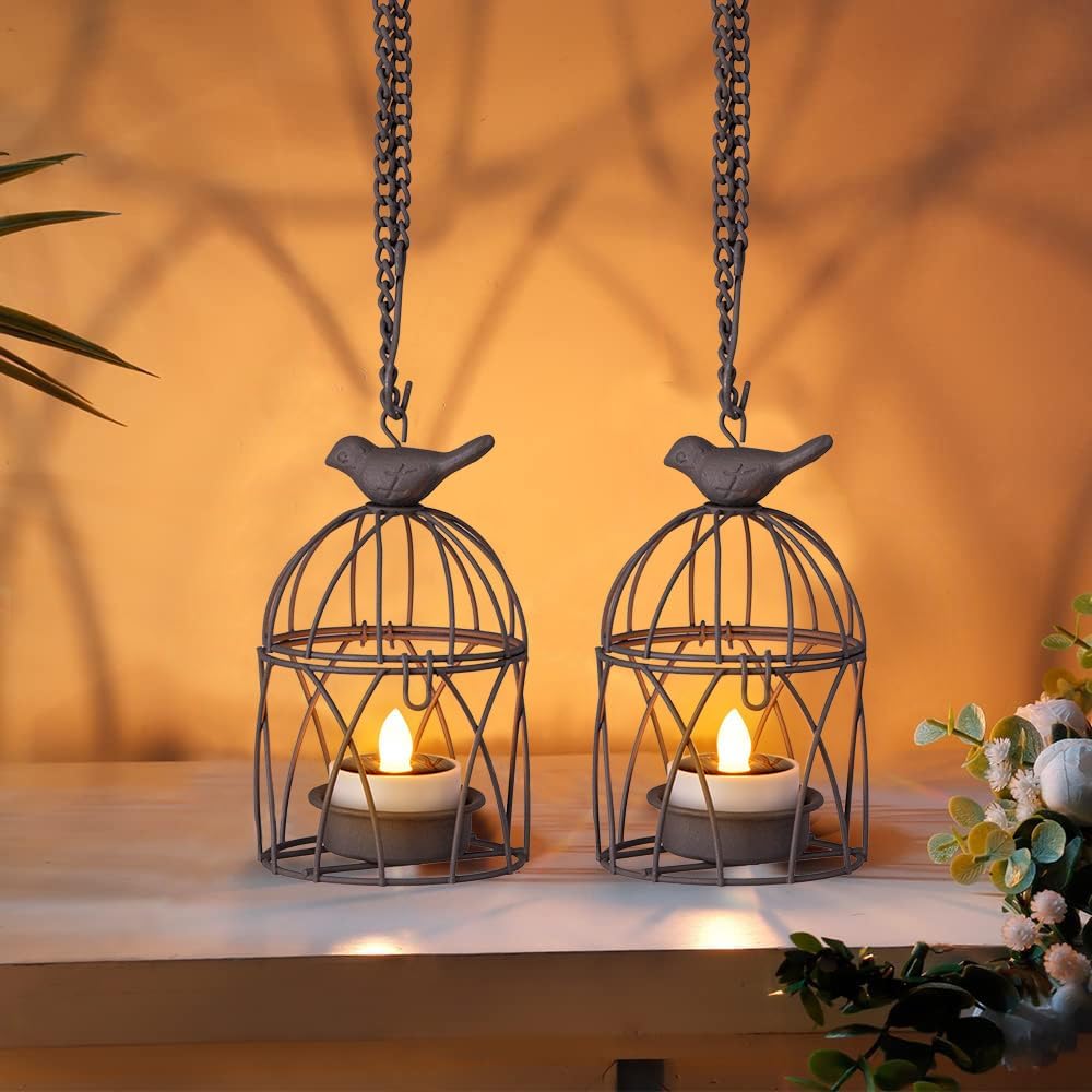 Solar Lanterns Outdoor Waterproof, Rust Iron Cage Candle Holder with Flickering Solar Powered Tea Lights, Hanging Solar Lights for Outside Tree Backyard Patio Garden Fence Decoration-4Pack