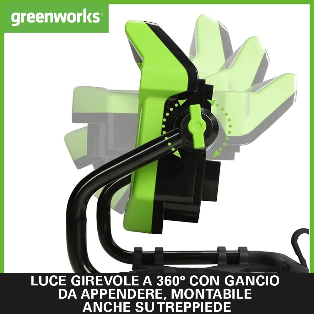 Faro LED Greenworks 24V - Portata 765m, 3000 Lumen, Batteria 2Ah Inclusa - Perfetto Per Lavori E Campeggio
