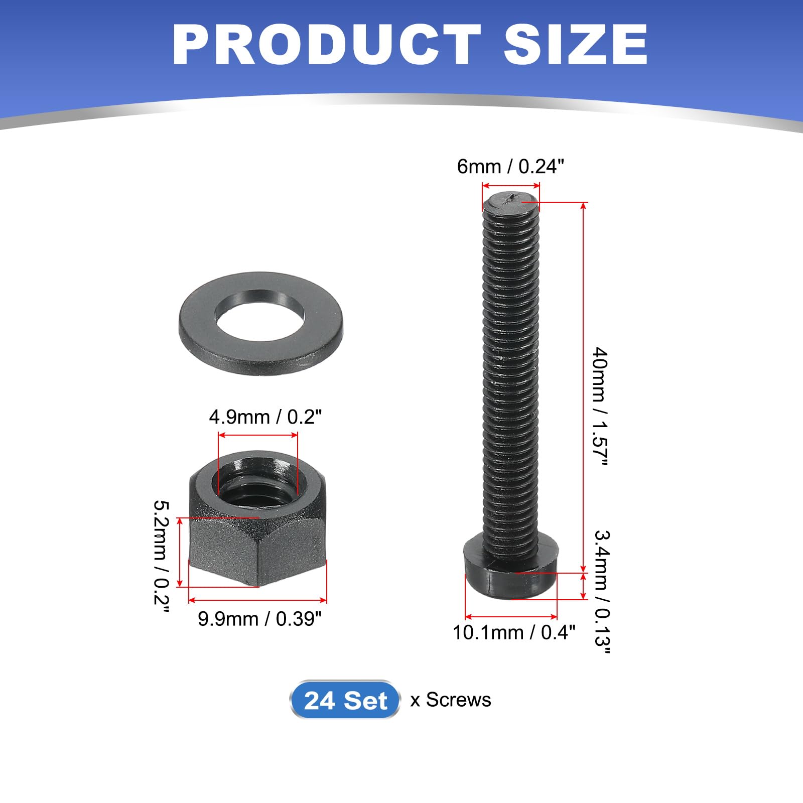 PATIKIL M6x40mm Black Nylon Bolts Plastic Nuts Full Thread Head Screws, 24 Pcs, M6*40mm - Image 2
