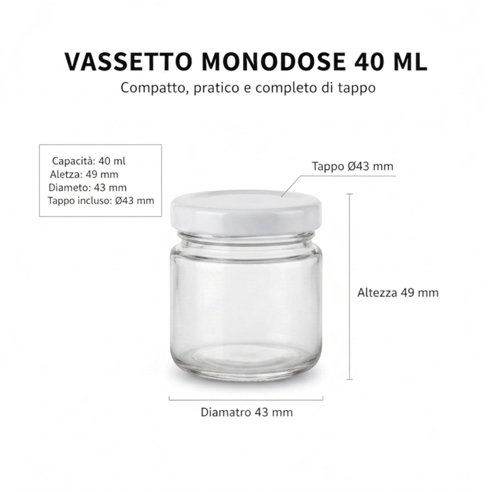 Chianese Vasetti in Vetro Monodose con Tappo Argento Ø43 mm – Confezione 120 Pezzi – Barattolini per Miele, Marmellate, Confetture, Spezie e Bomboniere