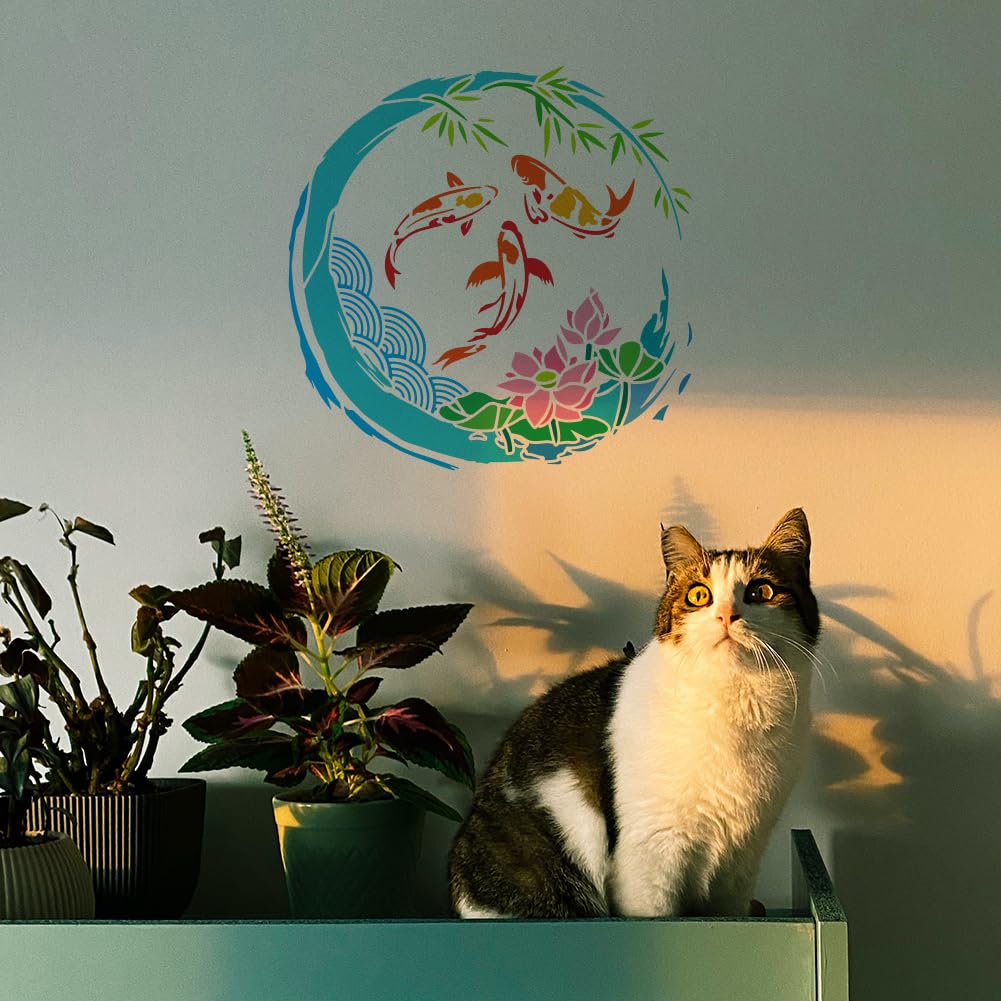 FINGERINSPIRE 12 plantillas de pintura de peces koi con 1 pincel de plástico reutilizable, 12 estilos, plantilla decorativa de peces orientales, plantilla Koi de la suerte para pintar en pared,