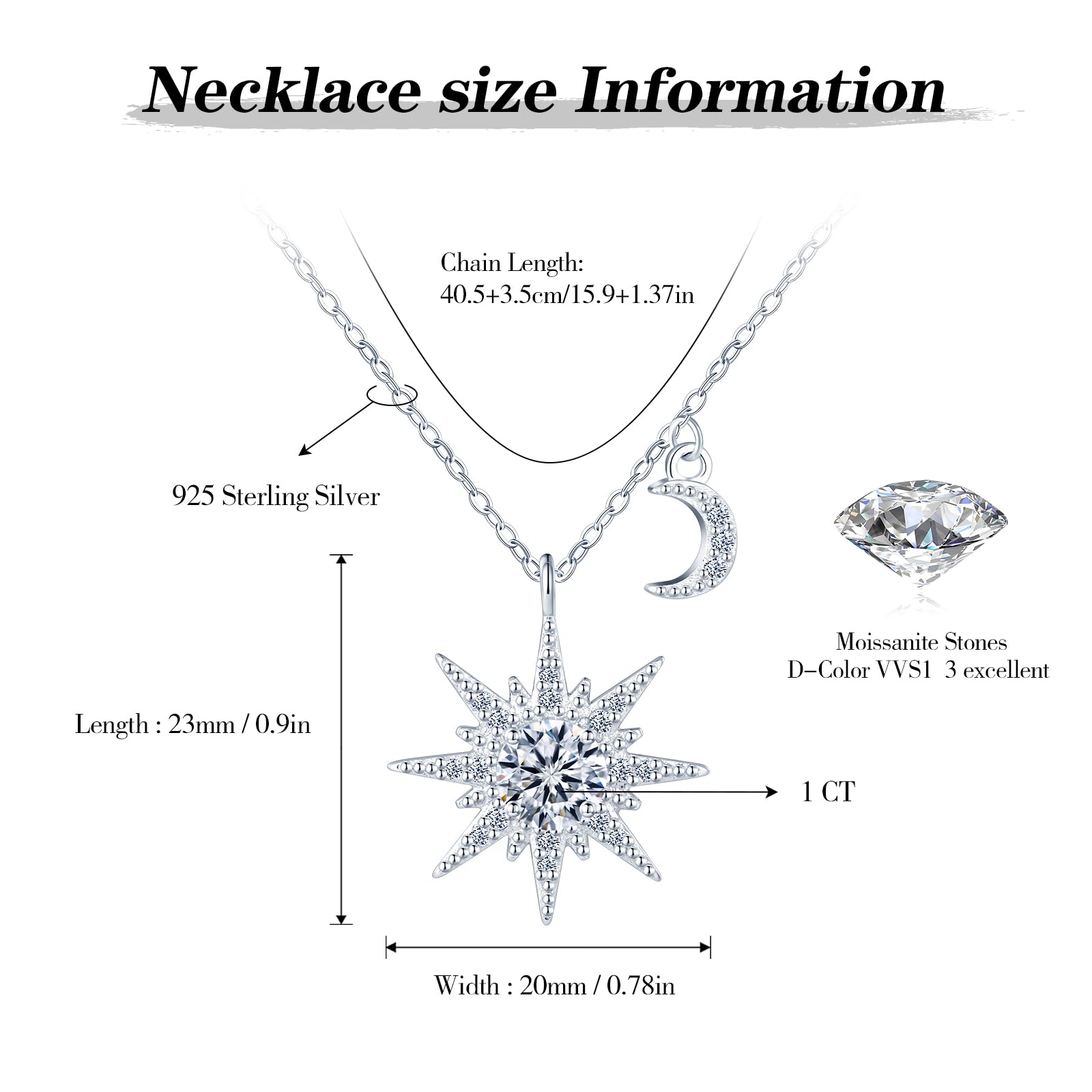 Yumilok Collar con colgante de moissanita en forma de sol y luna para mujer, plata de ley 925, delicado e hipoalergénico