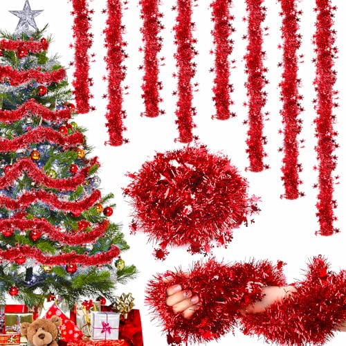 Ghirlanda Natalizia Rosso- 8PCS Ghirlanda di Natalecon con Fiocchi di Neve, Scintillanti Ghirlande Metalliche 16M Festoni Natalizi,Decorazioni Ghirlanda Albero di Natale Esterno per Porta Scale Camino