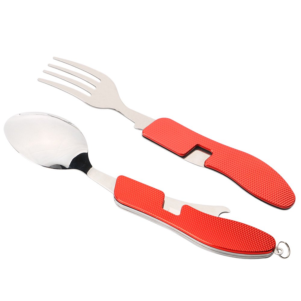 2 szt. Premium sztućce kempingowe 4 w 1, składane sztućce 4 w 1, stal nierdzewna zestaw sztućców kempingowych outdoor, zestaw nóż widelec łyżka otwieracz do butelek (czerwony)