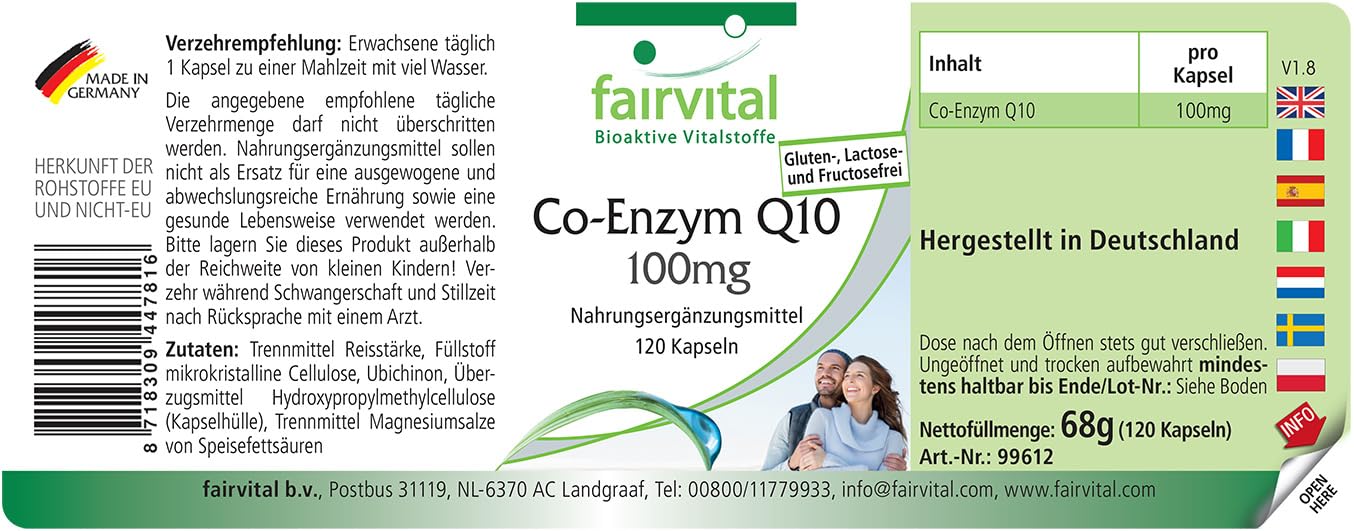 fairvital Coenzima Q10 100 mg, 120 capsule, facili da deglutire, ALTO DOSAGGIO, capsule di CoQ10 ubichinone, per 4 mesi, VEGANE