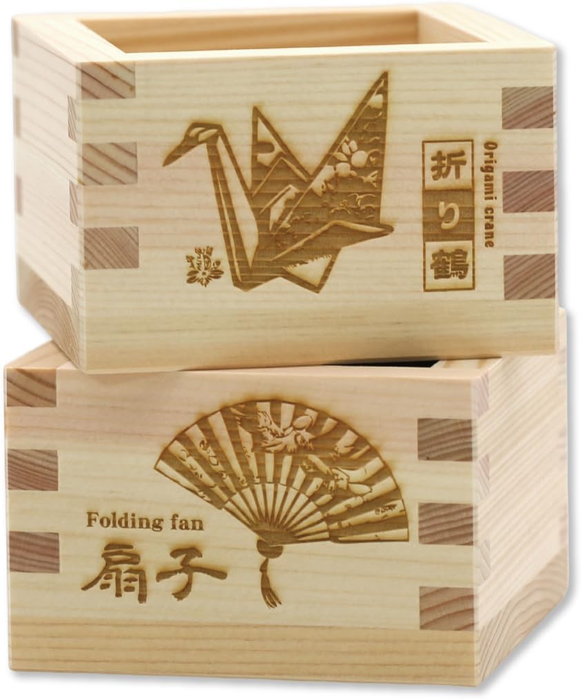 Japanese High-Grade Cypress Wooden Sake Masu Cups with Lucky Artwork ((Set of 2) - Made in Japan Origami crane &folding fan…)