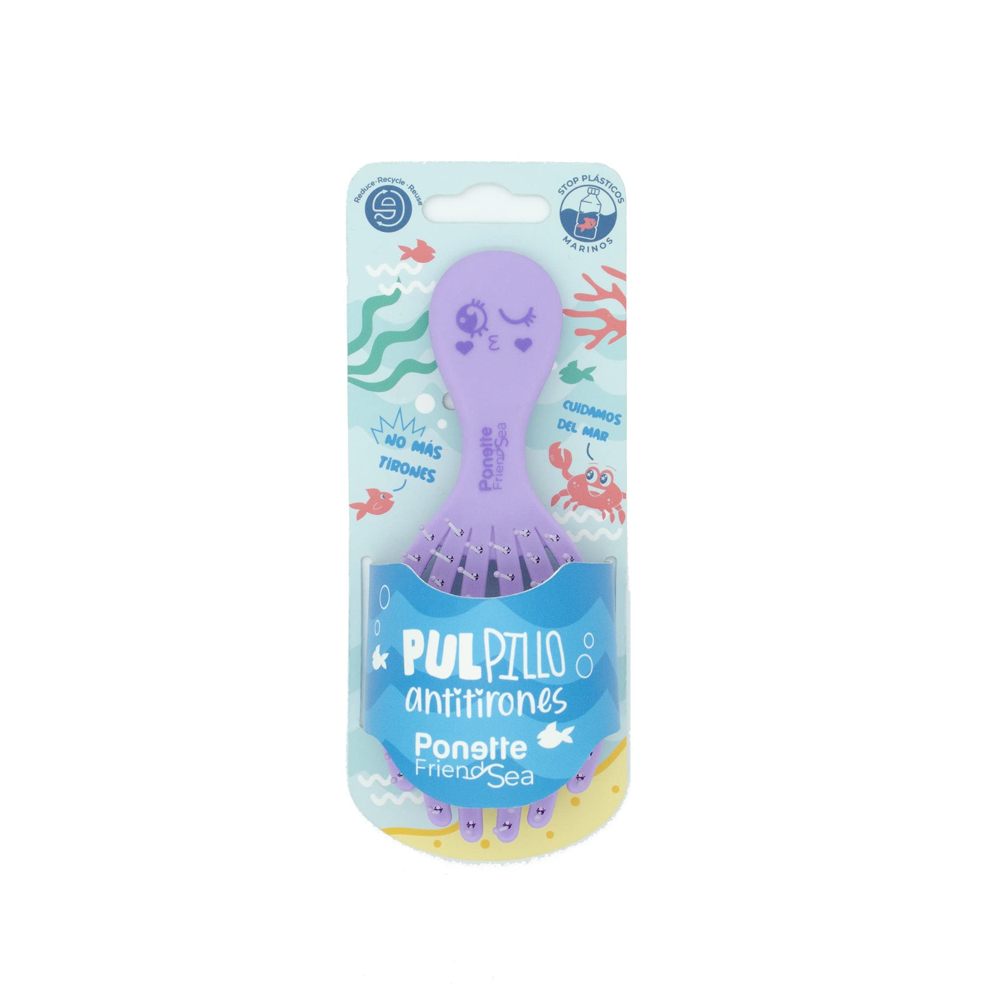 PONETTE FRIENDSEA - Cepillo de Pelo Desenredante Antitirones Infantil Morado Lila, Compacto, Viaje, Plástico Reciclado, Pulpillo, Divertido, Niños, Niñas, Sin Tirones, Reciclable, Marca Española