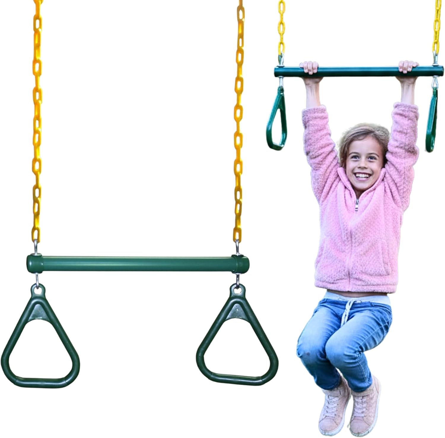 Eastern Jungle Gym Heavy-Duty Ring Trapeze Bar Combo, Large 20" Trapeze Swing Bar with Triangular Gymnastic Rings and Pinch-Free Coated Swing Chains 43" Long