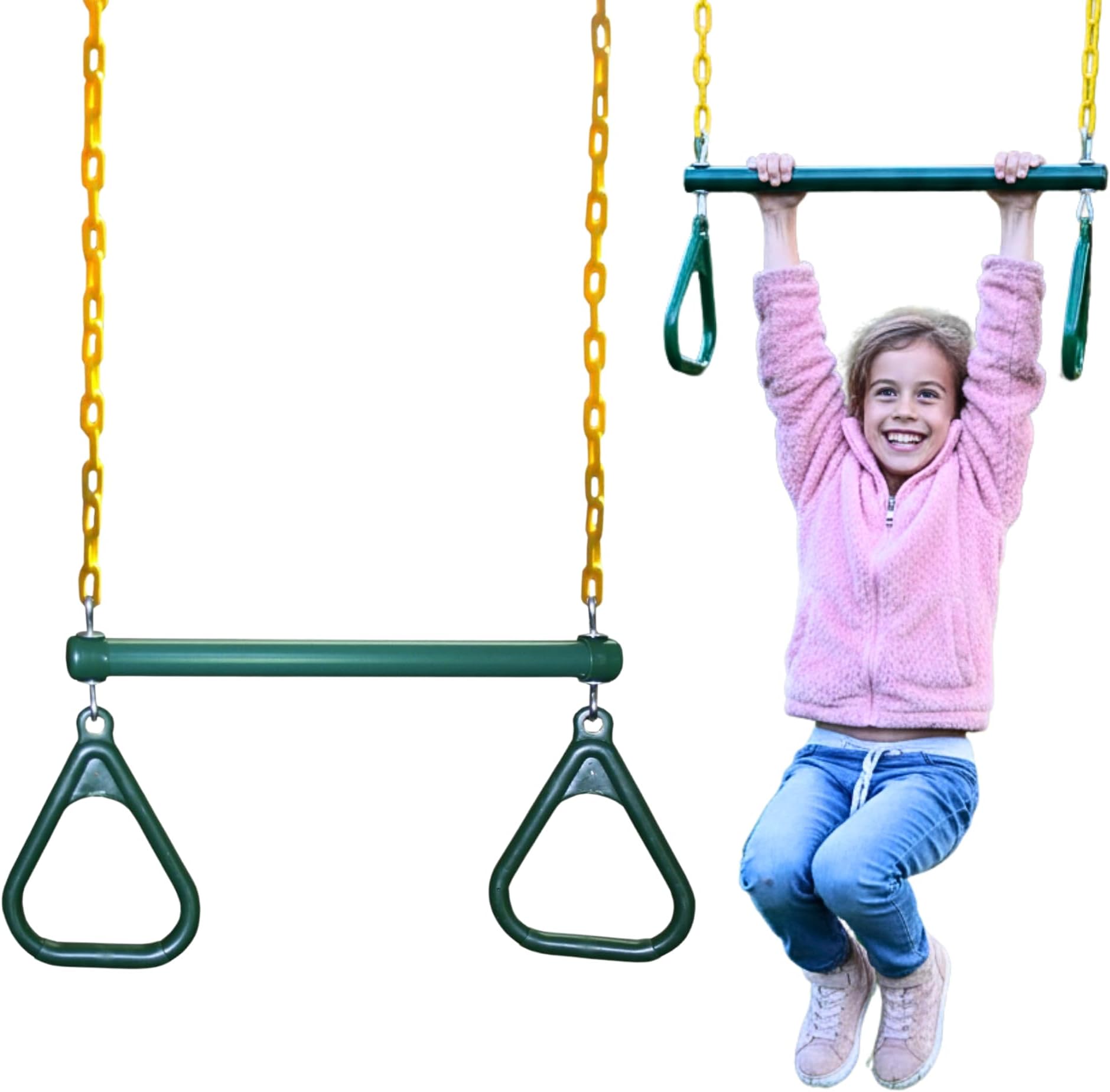 Heavy-Duty Ring Trapeze Bar Combo, Large 20" Trapeze Swing Bar with Triangular Gymnastic Rings and Pinch-Free Coated Swing Chains 43" Long