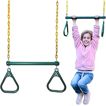 Eastern Jungle Gym Heavy Duty Ring Trapeze Bar Combo - Large 20" Swing Swing Bar with Triangle Gymnastics Ring and Pinch Free Coated Swing Chain - 43" Long