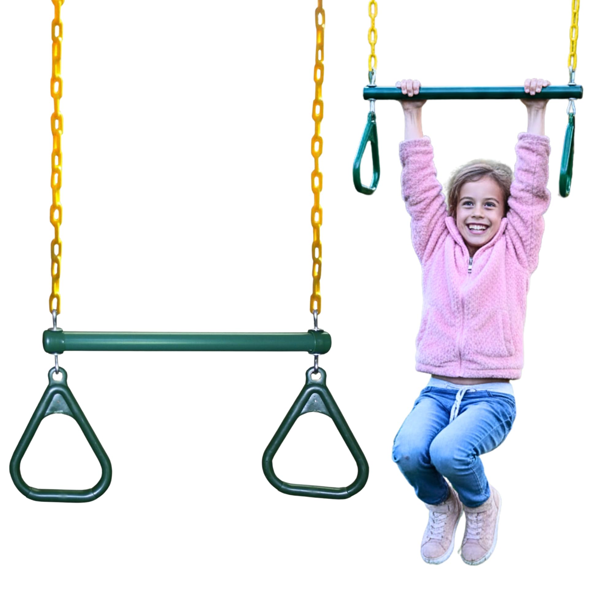 Eastern Jungle Gym Heavy-Duty Ring Trapeze Bar Combo, Large 20" Trapeze Swing Bar with Triangular Gymnastic Rings and Pinch-Free Coated Swing Chains 43" Long