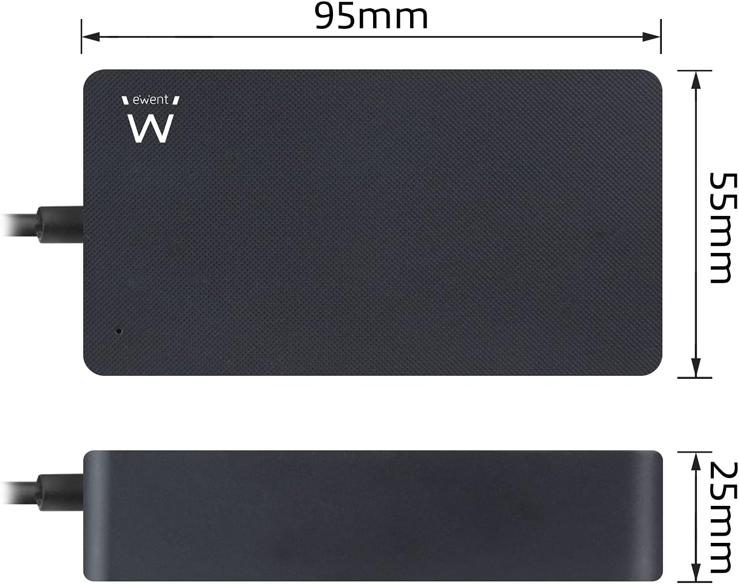 Diagram showing the dimensions of the Ewent EW3985 charger: 95mm length, 55mm width, 25mm height.
