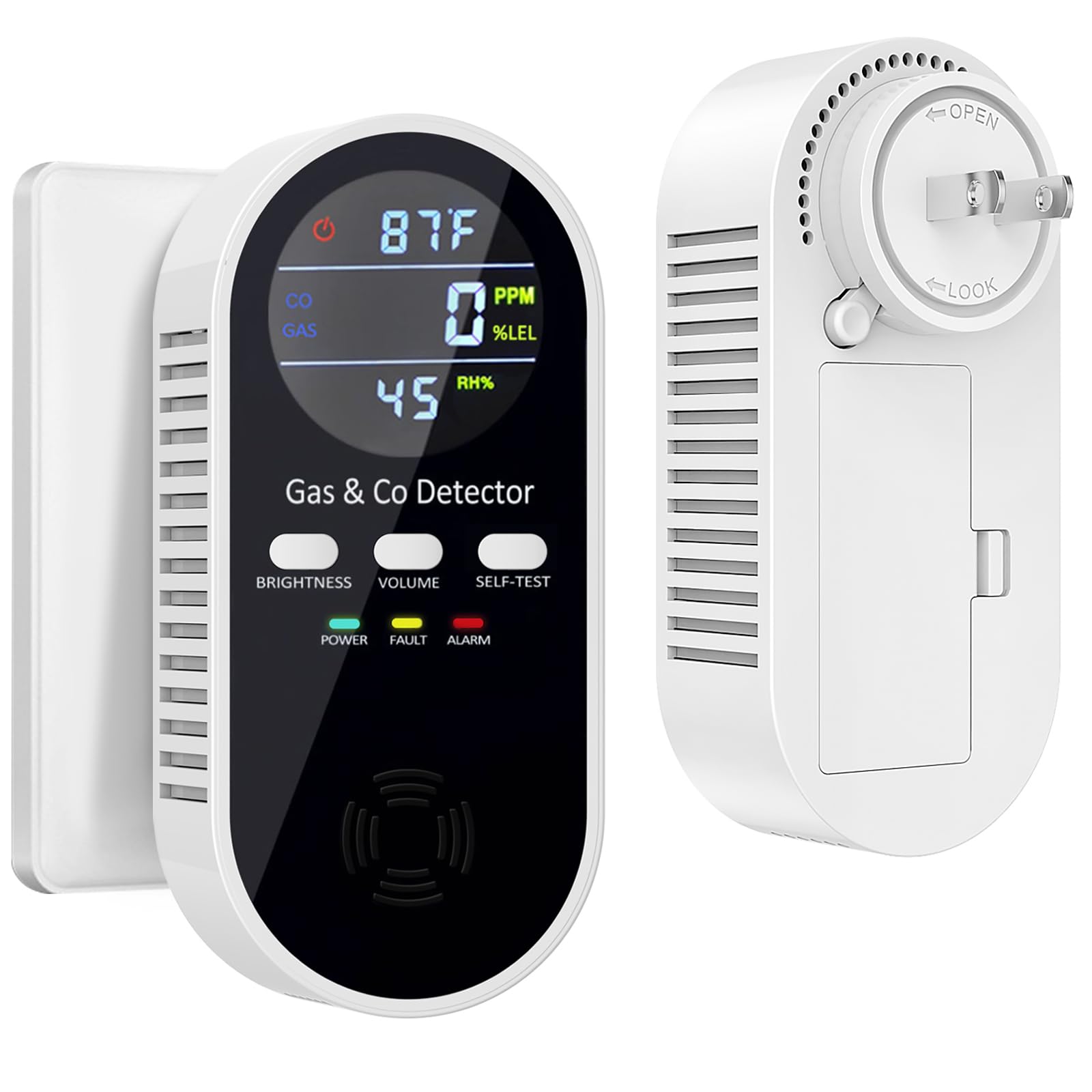 5-in-1 Upgraded Gas & Carbon Monoxide Detectors Plug in, Combination Natural Gas Detector and Carbon Monoxide Alarm with ℉, Humidity and Sound, Brightness Control, Built-in 9V Battery (Not Included)
