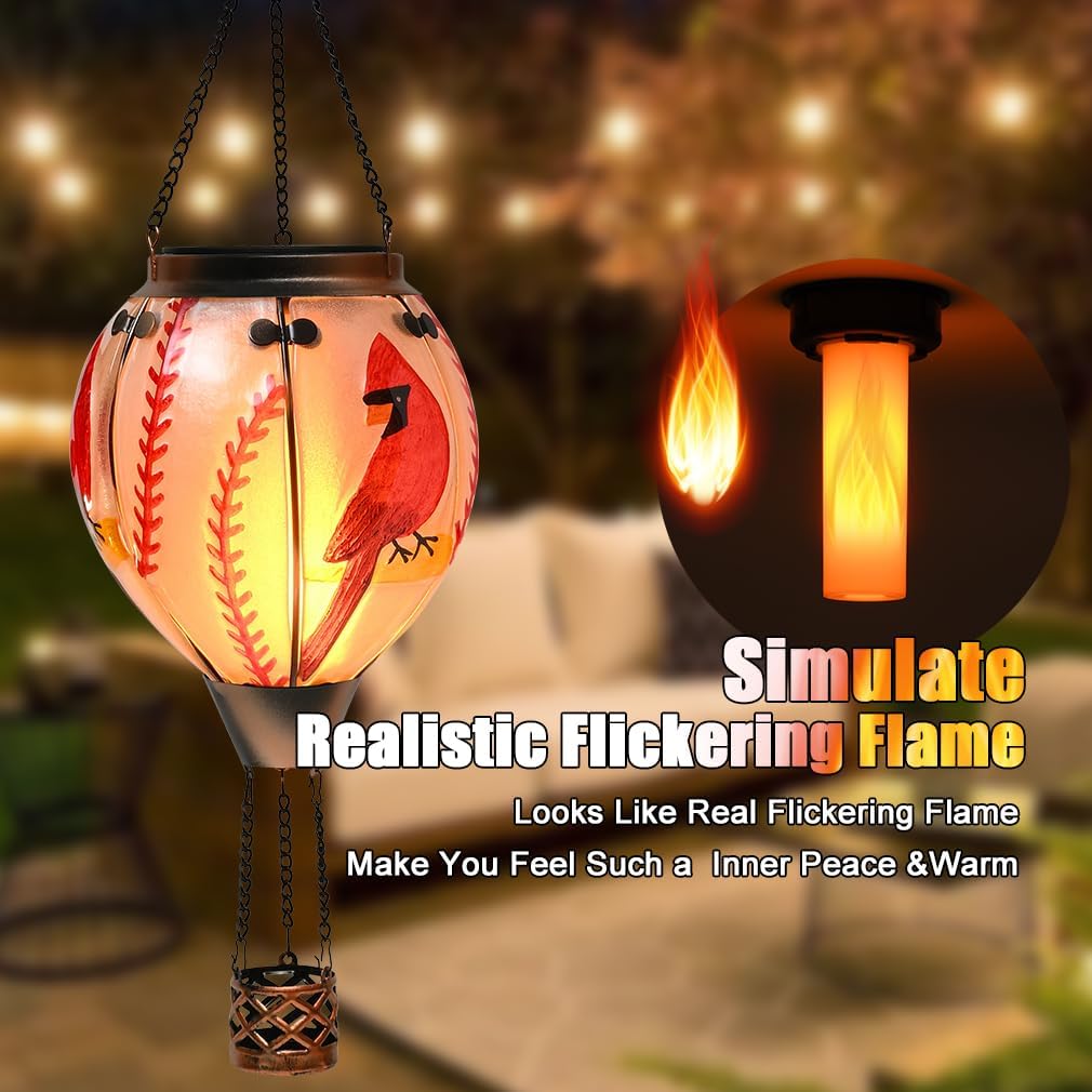 Hot Air Balloon Solar Lantern - Cardinal Bird Glass Lantern, Simulated Flickering & Dancing Flame, Outdoor Hanging Yard Light Waterproof IP65 for Patio Lawn Porch Decor Gift