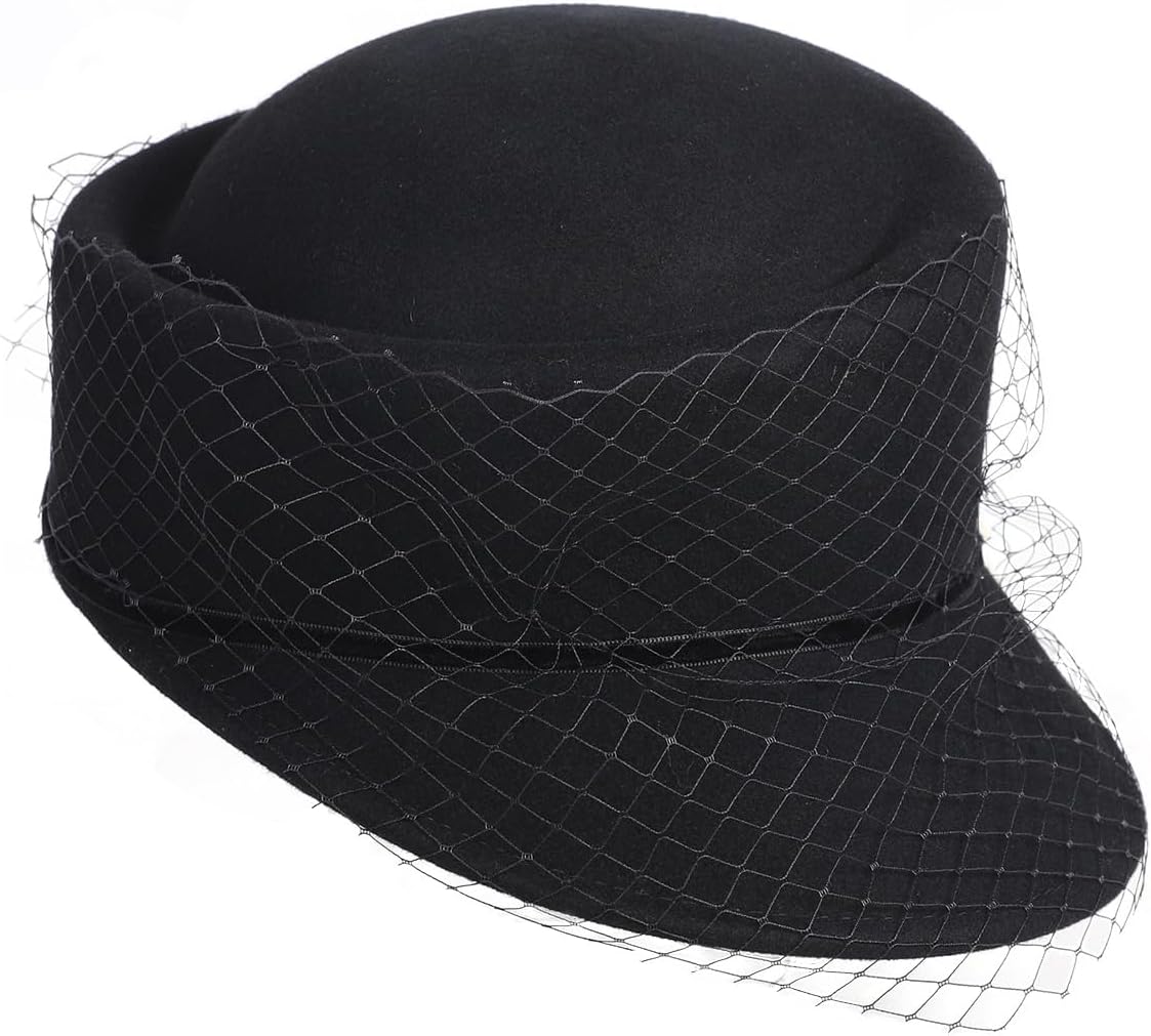 HIMESPORT Women's Black Wool Felt Mesh Equestrian Hat with Bow Veil Winter Formal Church Tea Party Cocktail Beret Hats