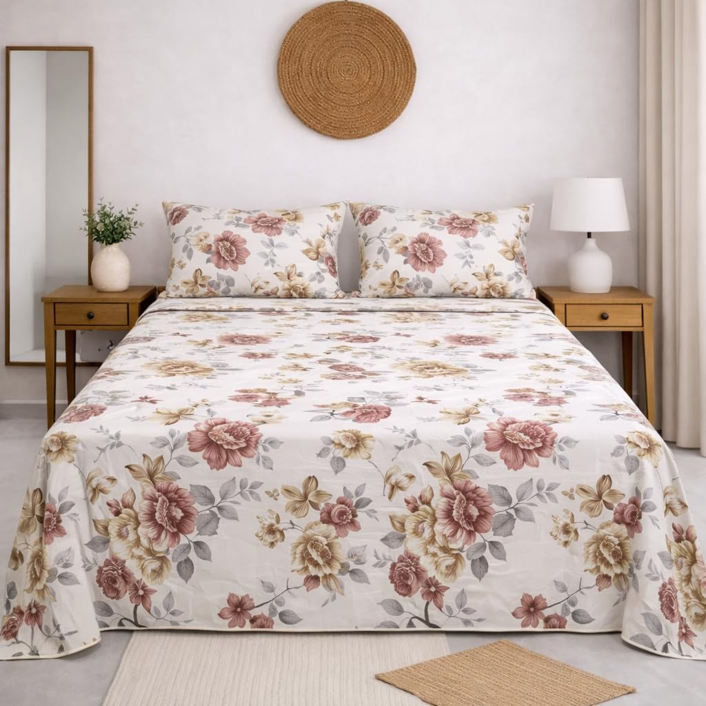 DECORUM Cloud Cotton Double Bedsheet Floral Print with 2 Pillow Covers | 244 TC | Ultra Soft Feel | Premium Comfort | Breathable & Skin Friendly | for Bedroom (90 x 90 Inches)
