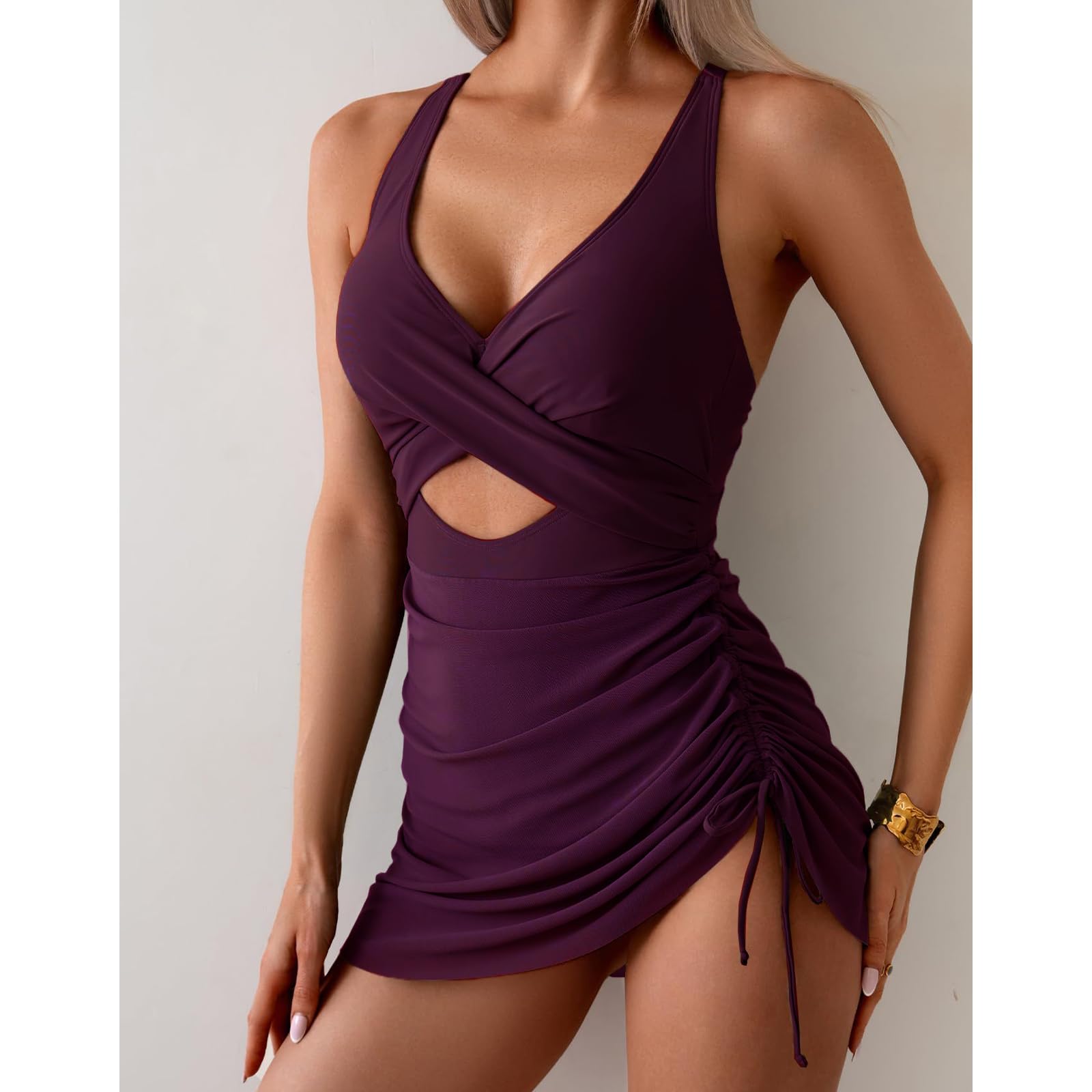 OUSIMEN Traje de Baño Mujer de Una Pieza Cuello en V Escote en la Abdomen Bañador Fruncido Monokini