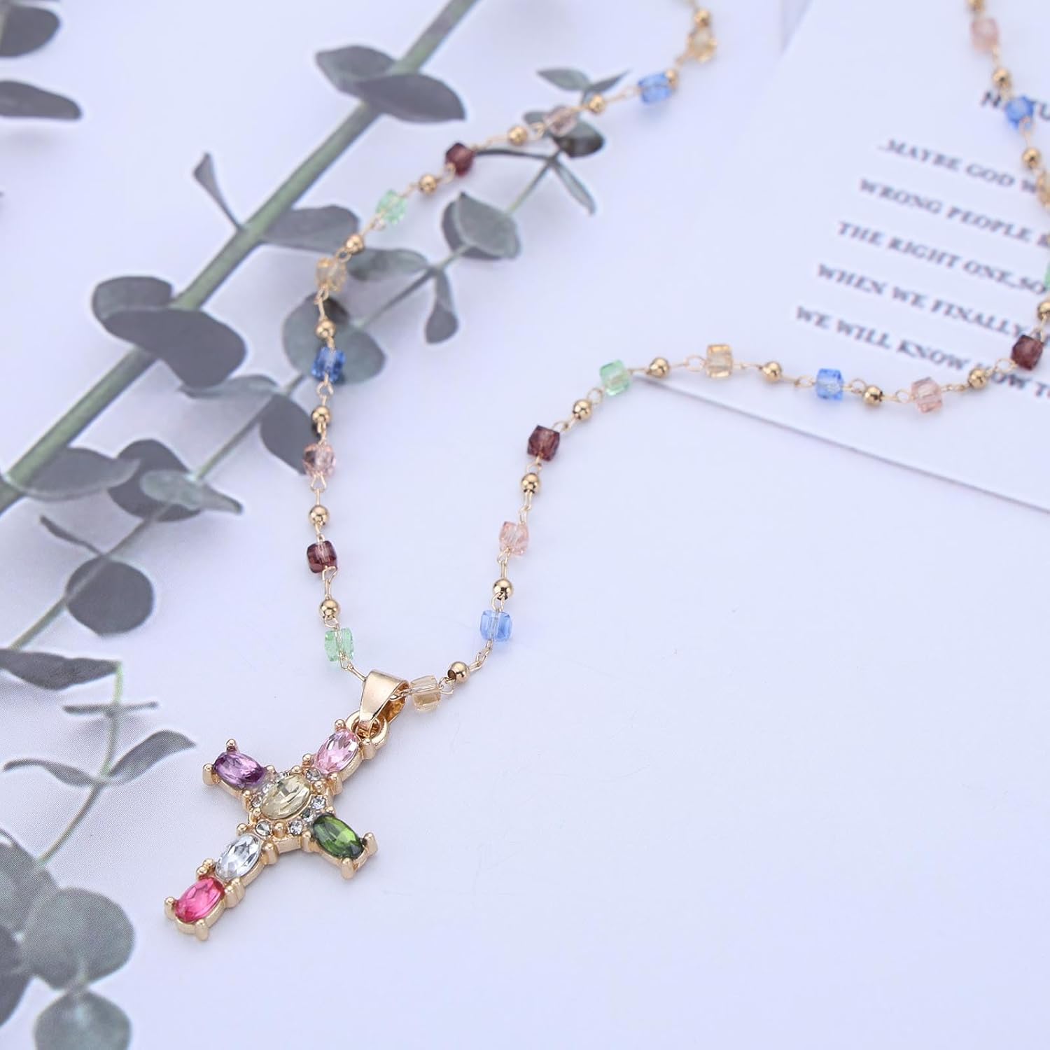 Gold Cross Necklace for Women Diamond Crystal Cross Pendant Necklace Cube Crystal Beads Satellite Chain Necklace Dainty Cross Religious Necklace Y2k Jewelry - Image 5