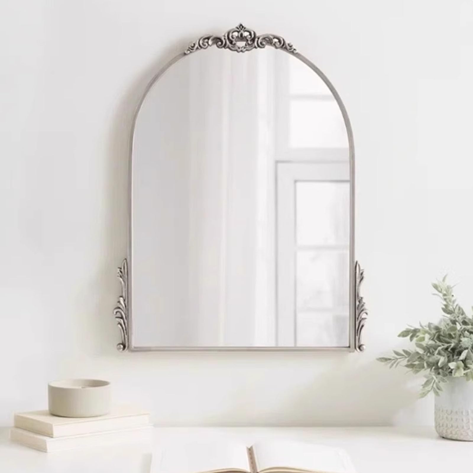 DFGHNBVC Antique Arched Wall Mirror With Metal Flower Carving Frame, Inspired Wall Decor, For Bedroom, Decorative Makeup Mirrors, For Hallway, Entryways And More S,Black Style 2,Silver Style 2