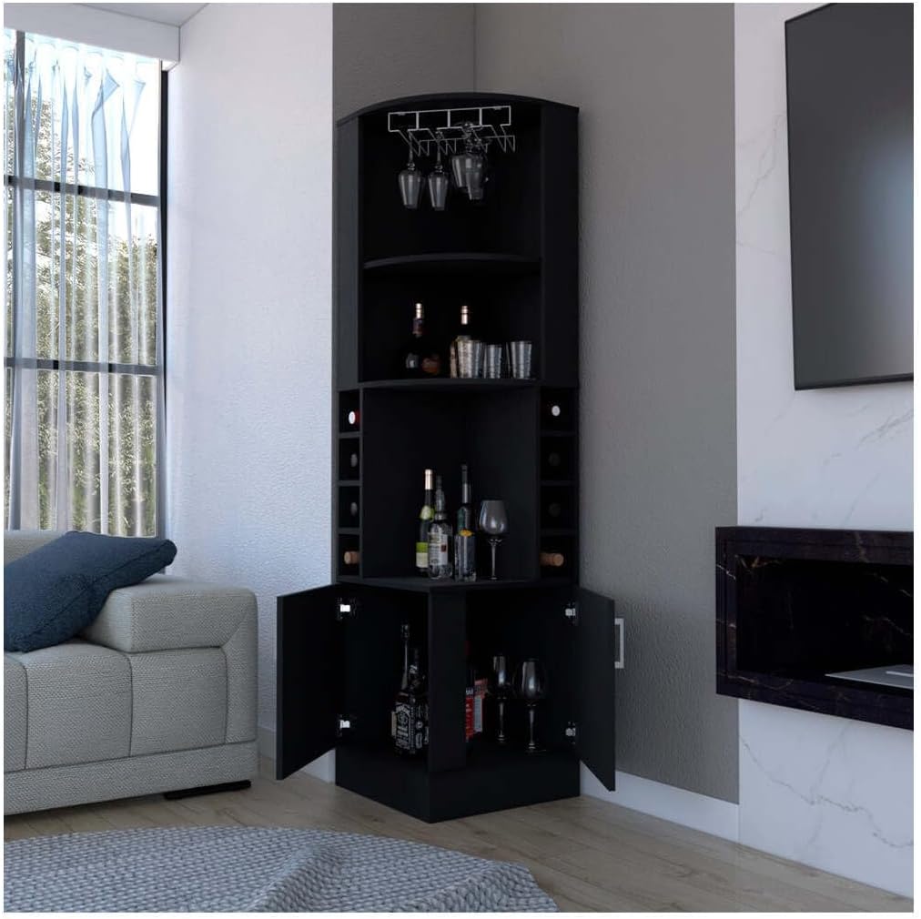 Maykoosh Corner Bar Cabinet - Modern Home Bar Storage with Wine Rack - Black Finish