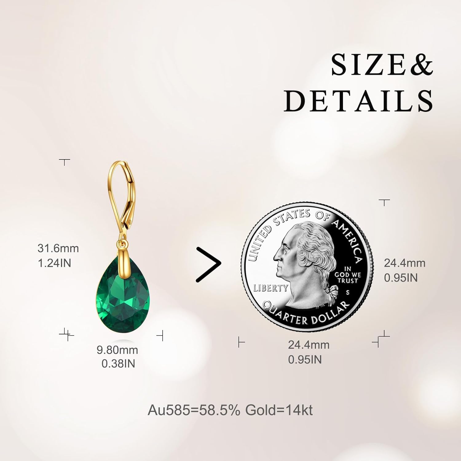 14K Gold Emerald Dangle Earrings for Women Green Leverback Earrings Birthstone Jewelry for Women Mothers Valentines Birthday Gifts