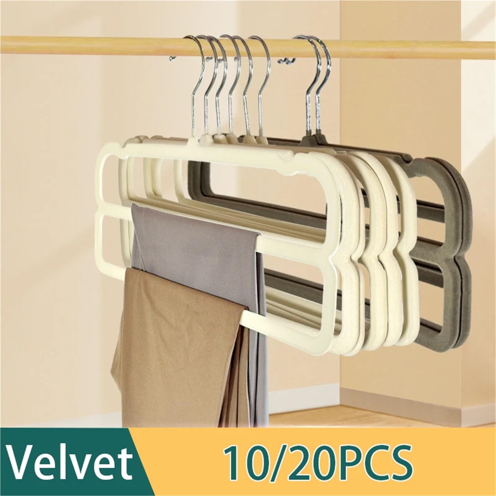 Perchas Antideslizantes de Terciopelo Doble Capa, ahorradoras Espacio for Pantalones y Sujetadores, 10 o 20 Unidades para Pantalones Y Jeans En Tu Armario(Beige,20PCS)