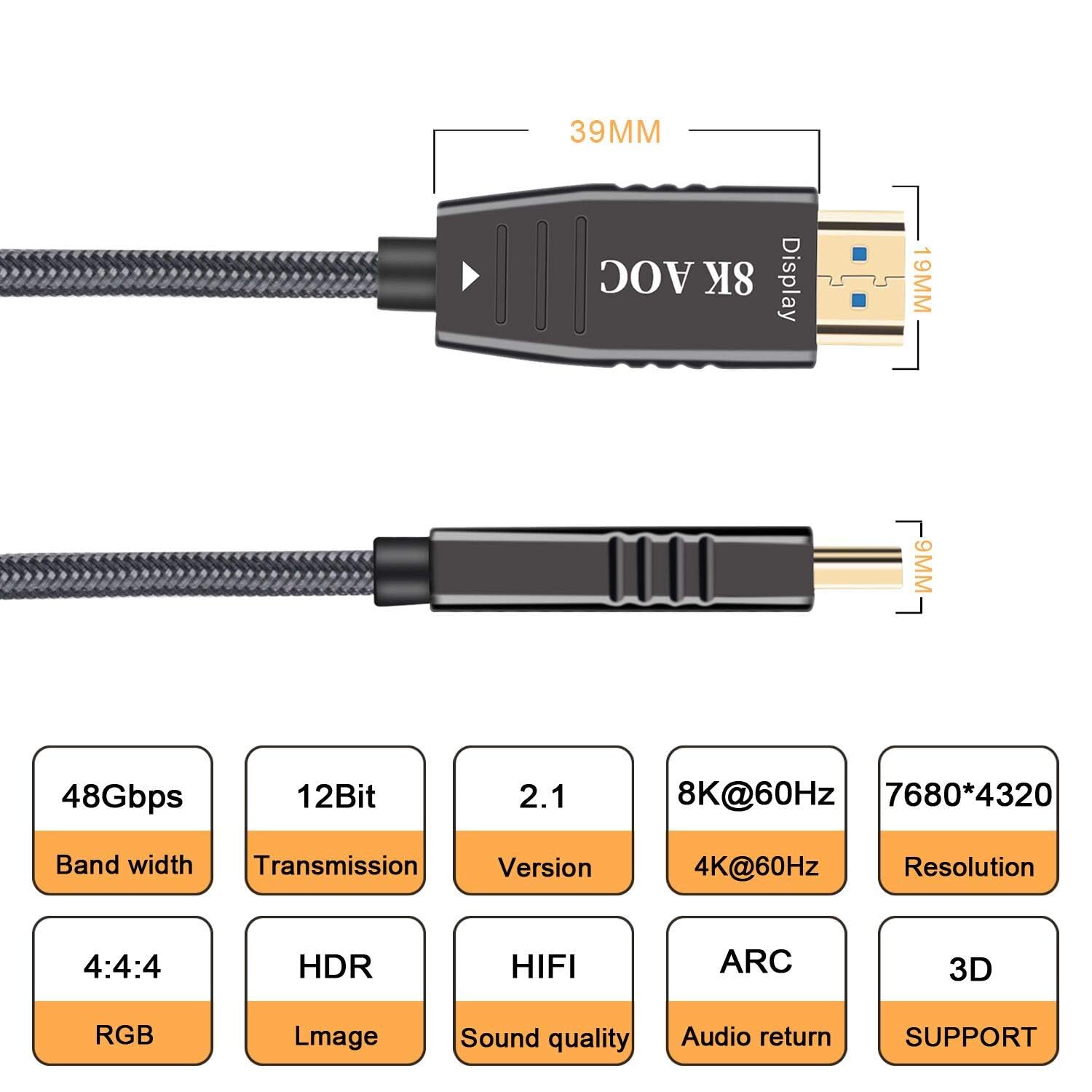 Cavo in fibra ottica HDMI 8K, 19,8 m, cavo HDMI 2.1 ad alta velocità, supporto con 18 Gbps, HDR10 dinamico, eARC, HDCP2.2