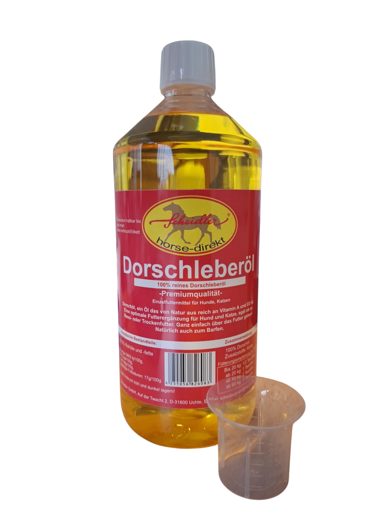 Scheidler horse-direkt Dorschöl für Hunde, Katzen und Pferde, reines Fischöl, Barf Öl ohne Zusätze natürliches Einzelfuttermittel, 1 Liter