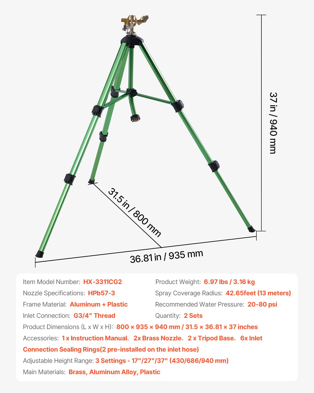 VEVOR Arroseur à Trépied à Impact, Lot de 2, avec Tête en Laiton et Connecteur G3/4 po, Arroseur d'Irrigation Robustes à Grande Surface à 360 degrés, Hauteur Réglable 430 mm 686 mm 940 mm, pour Cour