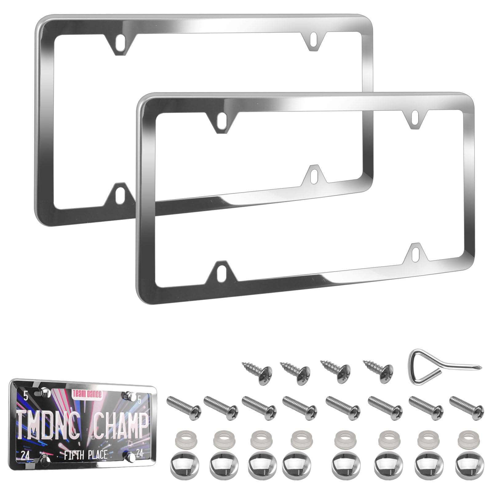 Chrome License Plate Frame With FREE Screw Caps – Fits US Plates 6x12 Inches – Glossy ABS Plastic, Easy Install
