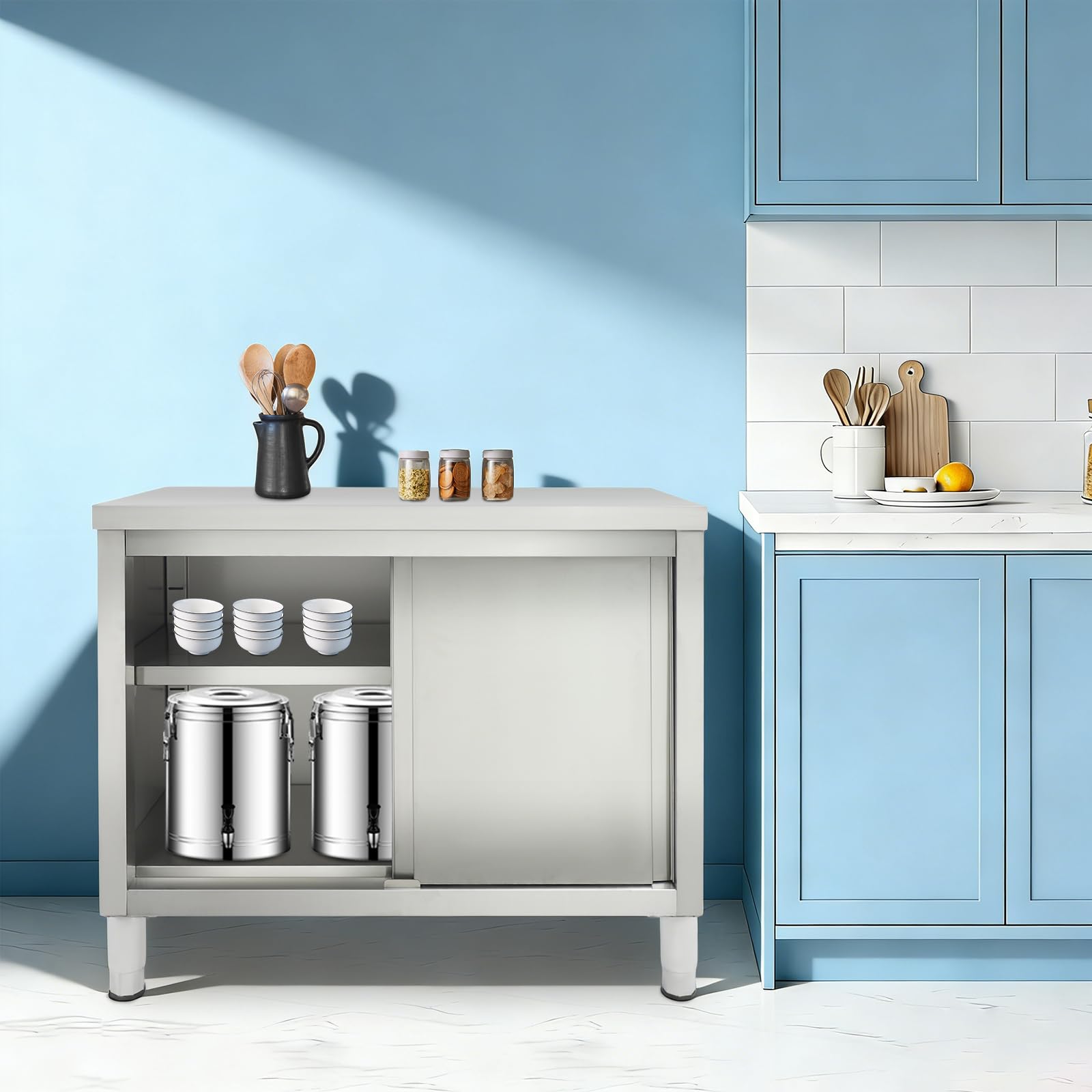 Edelstahl-Tisch mit Türen Schiebetüren Kommerzieller Arbeitstisch mit Unterschrank Küchen Arbeitstisch Schrank Edelstahl Arbeitstisch (100 * 50cm)
