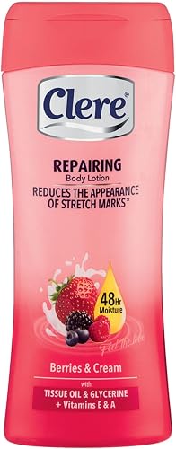 Clere – Repairing, Body Lotion, Reduces The Appearance of Stretch Marks, with Tissue Oil & Glycerine + Vitamin E&A, 48hr moisture, Berries and Crème, 400ml