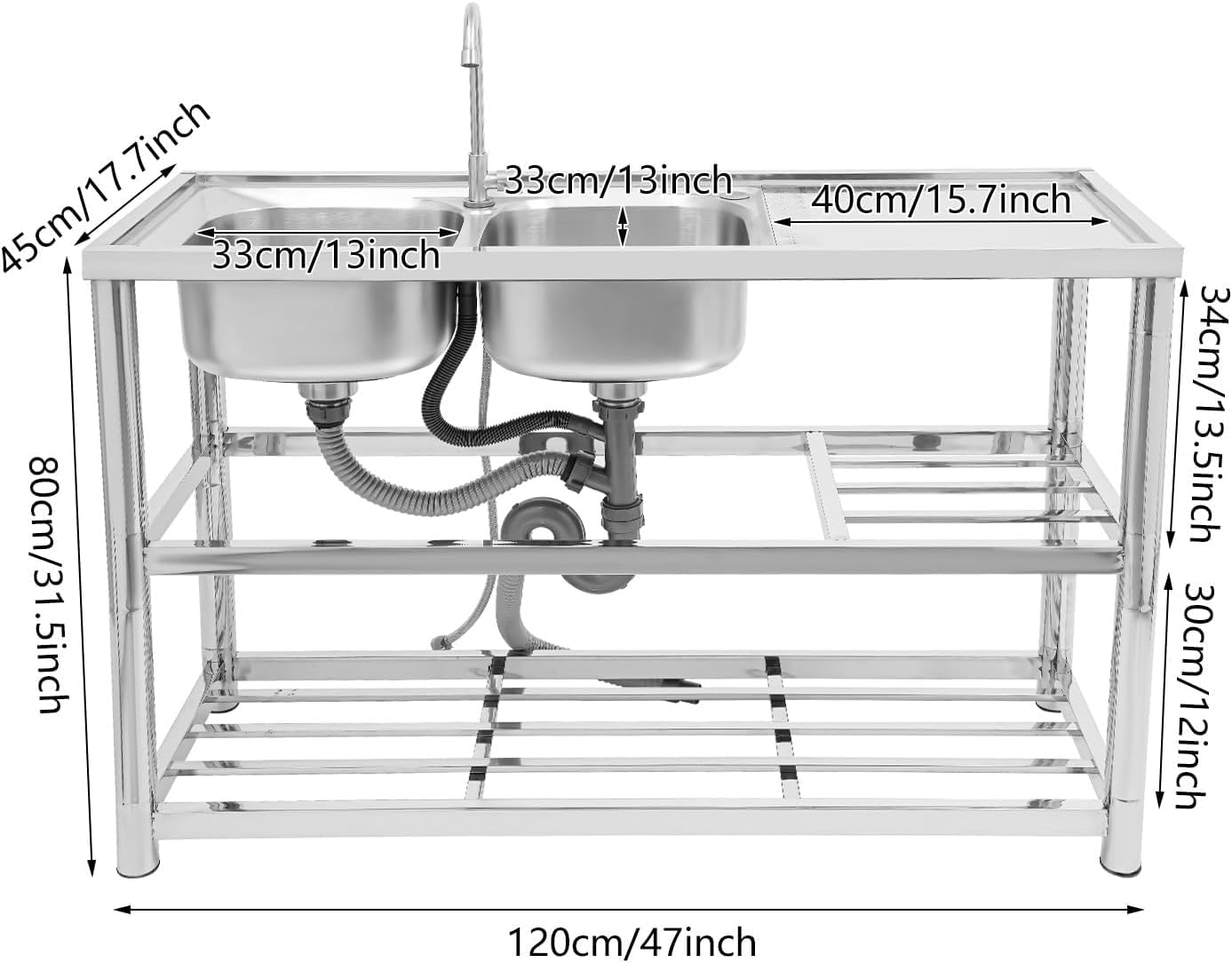 Freistehende Edelstahl-Doppelbecken-Spüle mit Arbeitsplatte, 360° Drehbarem Wasserhahn, 3-Stufen-Design, Edelstahl Spültisch mit 360° Armatur (120x45x80cm, Silber)