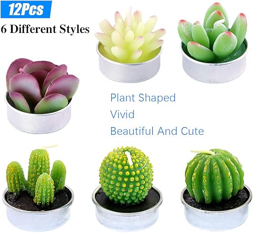 Miniatura 3 de Glarks 12 velas de té, suculentas artificiales hechas a mano, velas de cactus para fiesta de cumpleaños, día de San Valentín, boda, spa, decoración