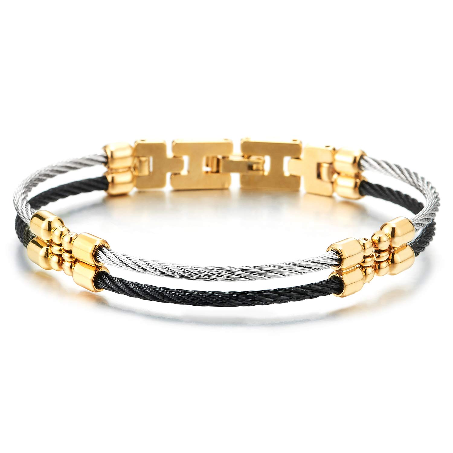 COOLSTEELANDBEYOND Two-Row Twisted Cable Bangle Bracelet - Stainless Steel, Silver/Gold/Black, 7.09 Inch - View #10