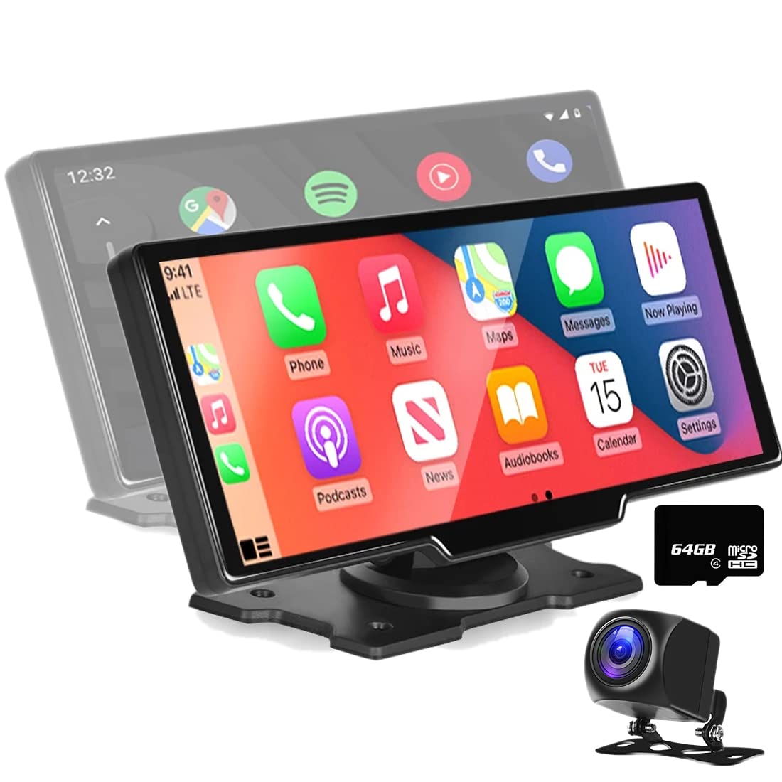 Apple CarAutoPlay inalámbrico y Android Auto Monitor de Coche con Pantalla táctil de 10" Estéreo de Coche, DVR, Autoradio en el salpicadero,Llamadas Bluetooth con cámara de visión Trasera Tarjeta 64G