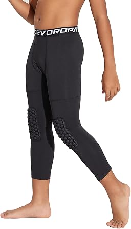 DEVOROPA Youth Boys Compression Pants with Knee Pads 3/4 Basketball Athletic Tights Quick Dry Sports Workout Leggings