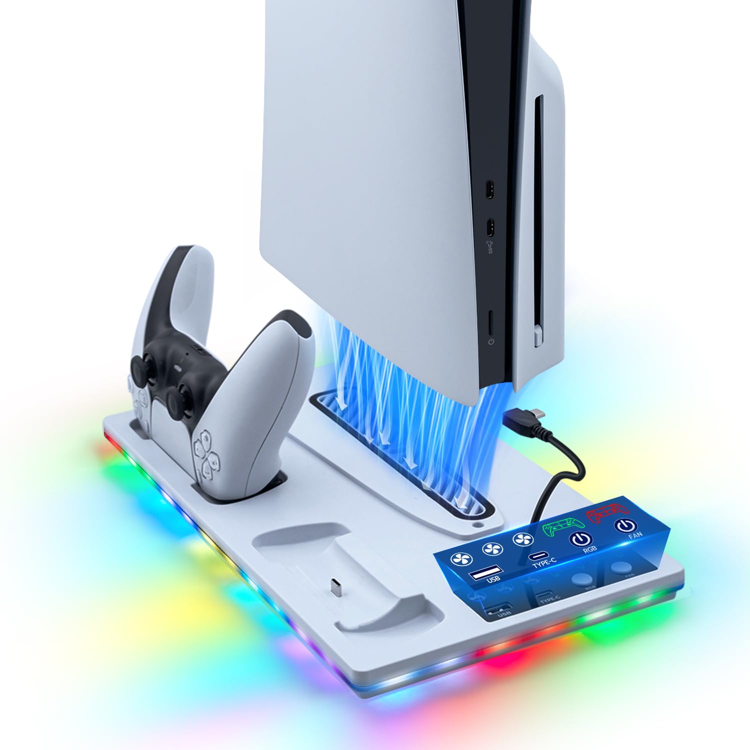 Soporte para PS5 / Slim/Pro, Ventilador de Refrigeración de 3 Velocidades, Cargador de Controlador para PS5 con Indicador RGB, Estación de Carga PS5 Slim Digital/Disc Edition con 2 USB