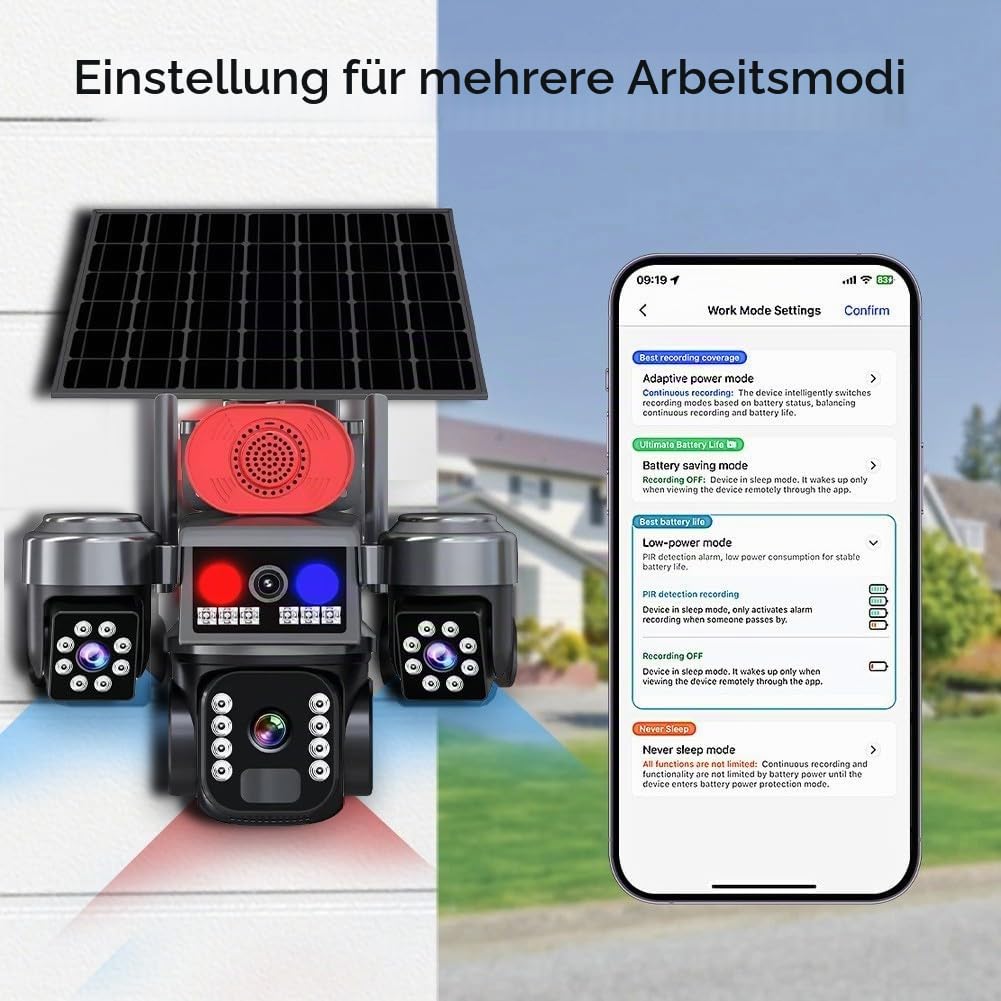 Solar Überwachungskamera Akku mit DREI-Objektiv, 360° Schwenkbar WLAN Kamera Outdoor Kabellos, 2, 4 GHz WiFi, KI-Erkennung, Farbnachtsicht, Zwei-Wege-Audio, IP66