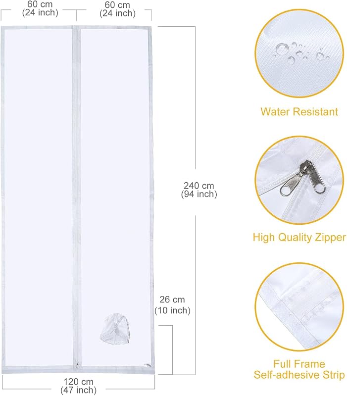 HOOMEE Ajtótömítés Mobil Klímákhoz Kipufogó Tömlő Hosszabbítóval, Cipzáras Rögzítés, Fehér Poliészter, 120x240 cm