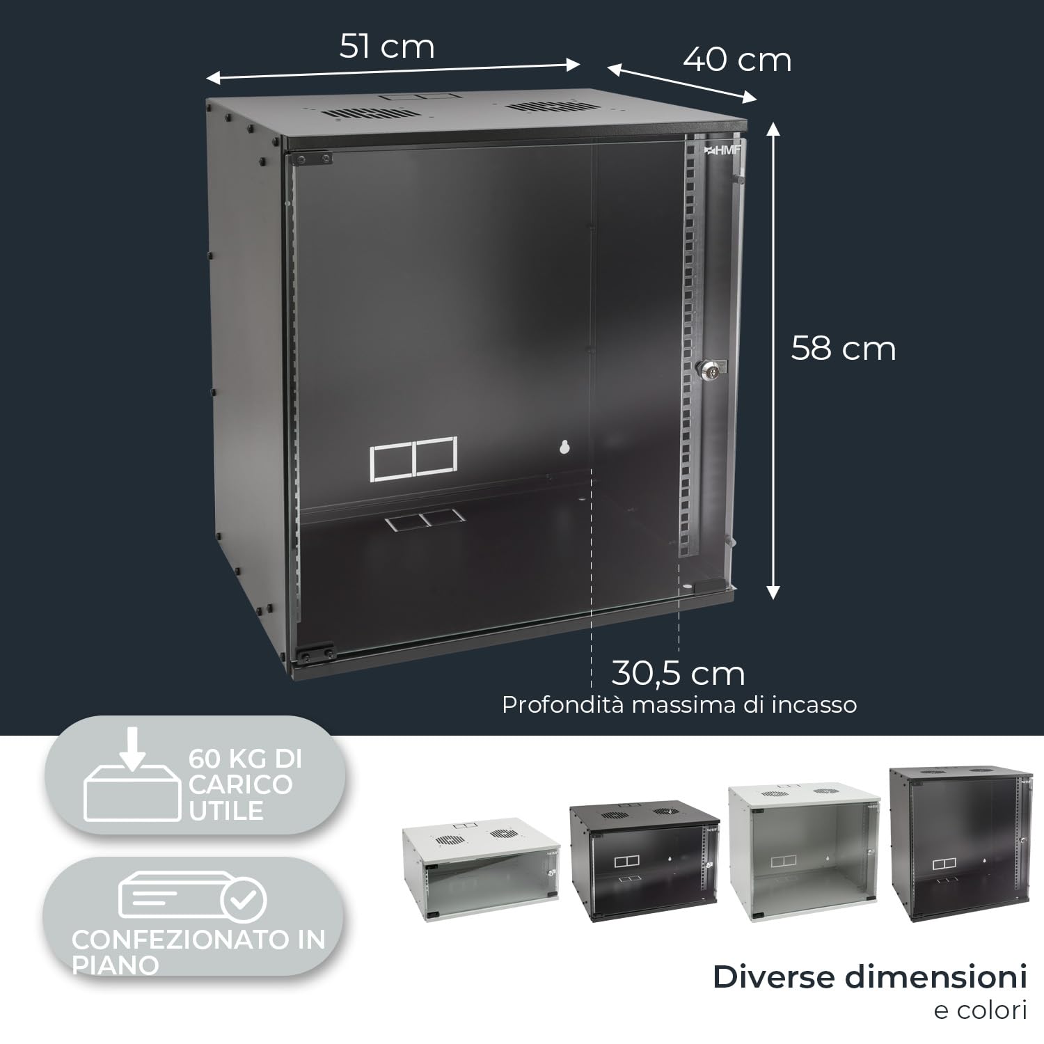 HMF 65712-02 Armadio rack 19 pollici, 12U, 400mm, porta in vetro, nero