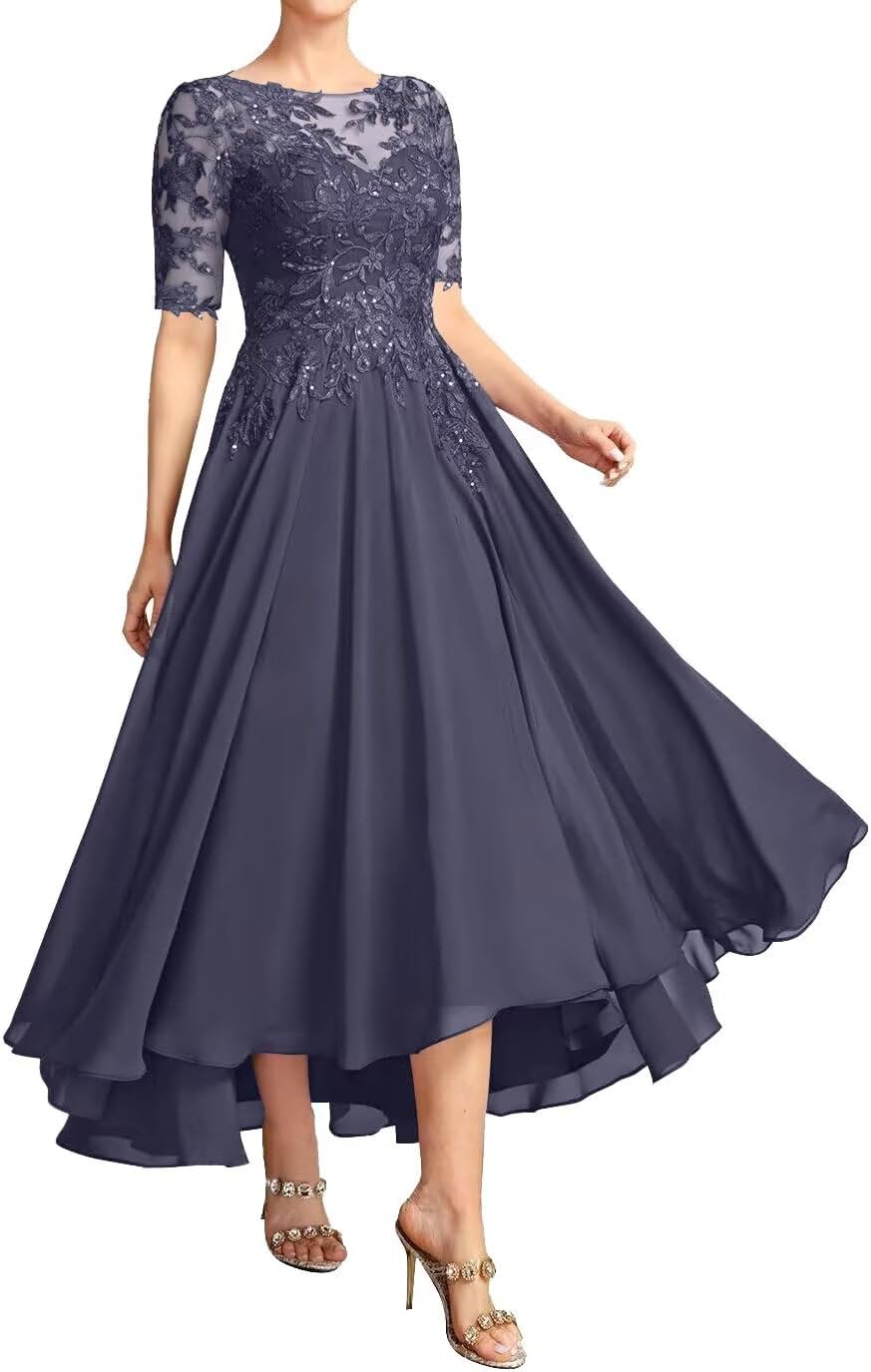 Lace Chiffon Mother of The Bride Dress for Wedding with Sleeves Tea Length Formal Dress