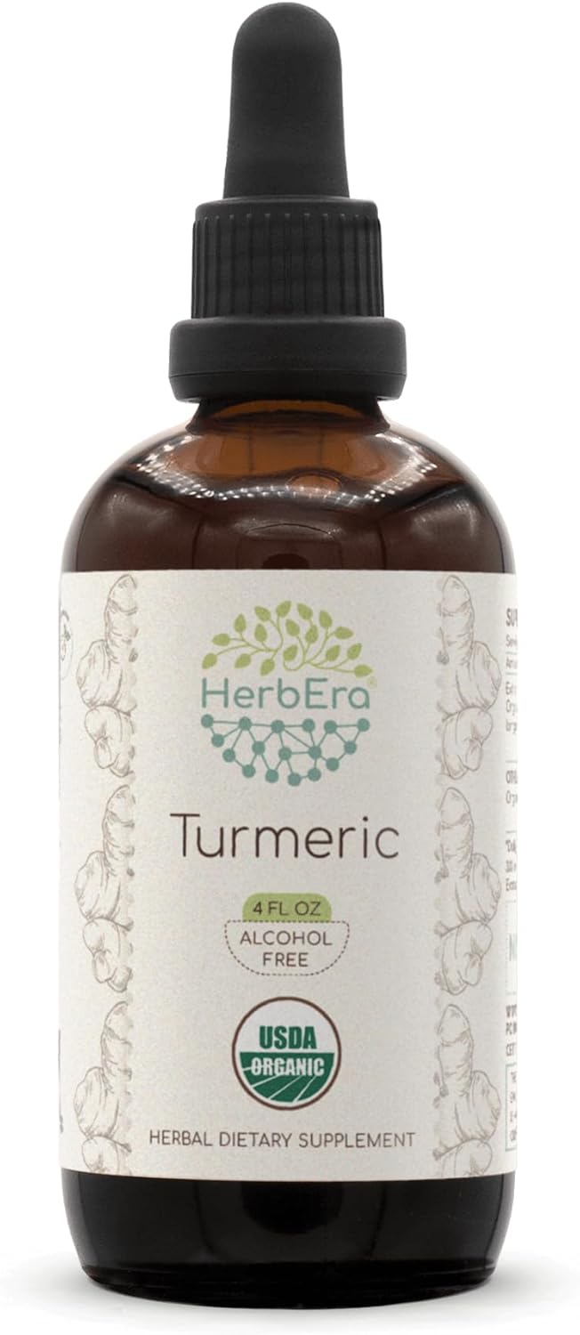 HerbEra Turmeric B120 USDA Organic Tincture | Alcohol-Free Extract, High-Potency Herbal Drops | Certified Organic Turmeric (Curcuma Longa) Dried Root (4 oz)