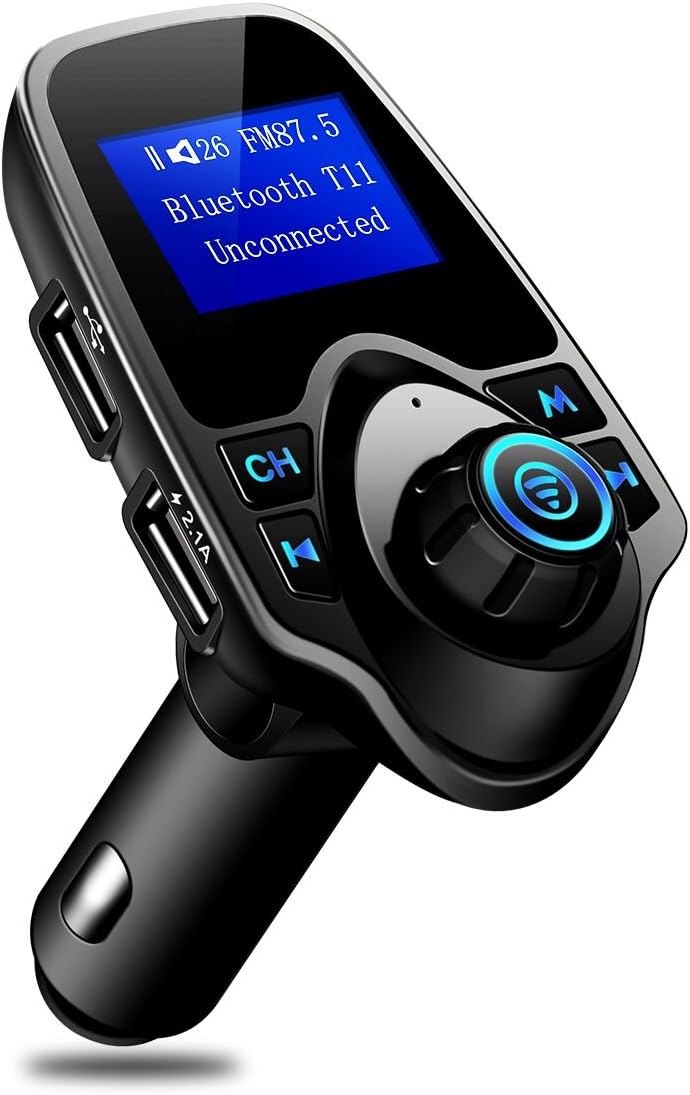 Handsfree Car Charger, KEZAY [New Version] Bluetooth Car Radio Charger Wireless Car Kit FM Transmitter Dual USB Ports with USB Charger TF Card Slot & Hands Free Calling- (1.44 inches Large Screen)
