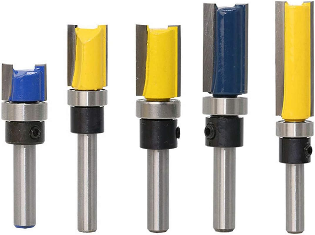 5 Pcs Router Bit Set Double Straight Flute Bearing Flush Trim, 1/4" Shank Trim Bit Pattern Template Router Bit, 1/2", 5/8" Diameter Top Bearing Flush Trim Bit Woodworking Milling Cutter Tool (5 Pcs)