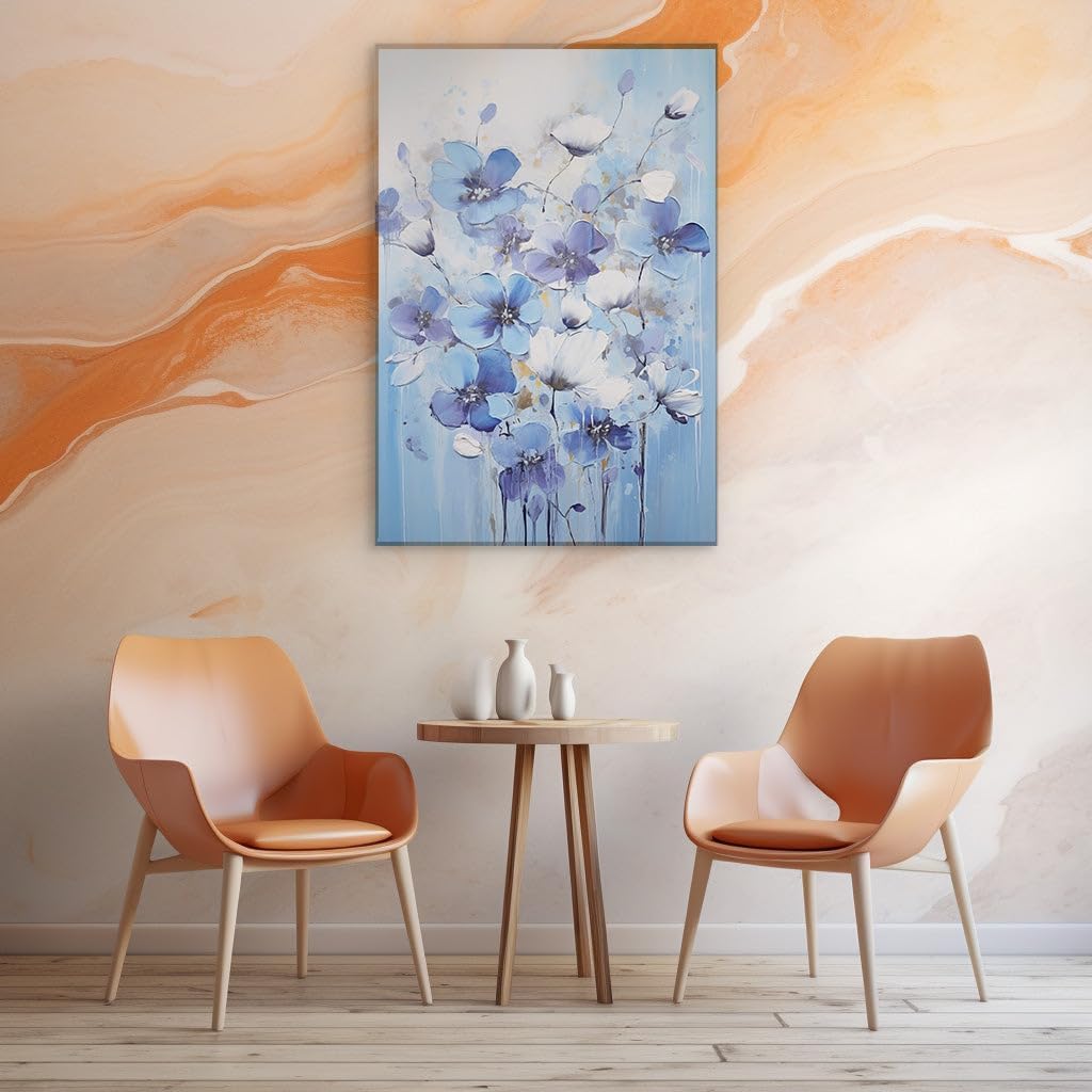 Canvas for Living room. Blooms of Serenity: A Vivid Dance of Blue on Canvas, 27 x 18 inch Canvas Wall Art - Contemporary Masterpieces - Modern Home Decor - 69x46 cm (27x18 inch)