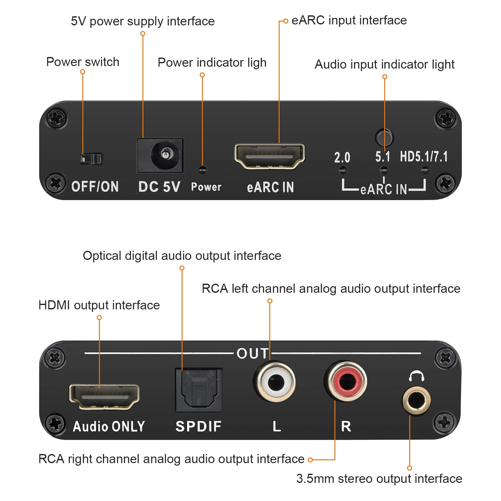 Extractor de audio eARC/ARC, Convertidor Digital-Analógico de 192 KHz, compatible con CEC, Salidas Óptica/HDMI/RCA/Estéreo de 3,5 mm, para Televisores de Alta Definición