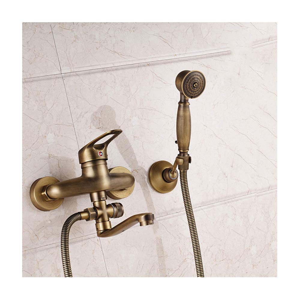 GLJTUO Antique Brass Bathtub Faucet with Cold and Hot Water Wall Mounted Bathtub Shower Tap Single Handle Bathtub Faucet Set with Bathtub Spout, Handheld Shower,16cm spout B,25cm Spout a