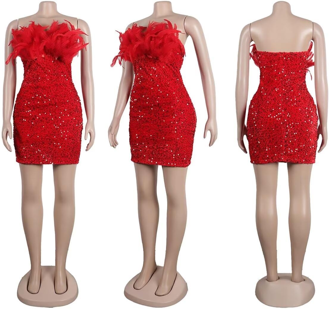 Women's Sexy Off Shoulder Feather Sequin Mini Dress Evening Club Party Dresses