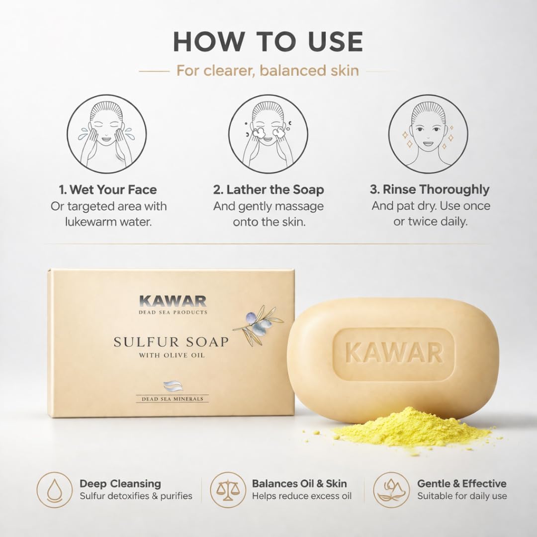 KAWAR Jabón de azufre del Mar Muerto con aceite de oliva, alivia afecciones de la piel como acné, psoriasis, eczema y puntos negros, para pieles grasas a normales, jabón vegano para hombre